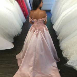 A-Line Off-the-Shoulder Court Train Blush Satin Prom Dress with Appliques