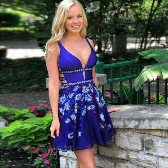 A-Line Deep V-Neck Backless Royal Blue Floral Homecoming Dress with Beading - Click Image to Close