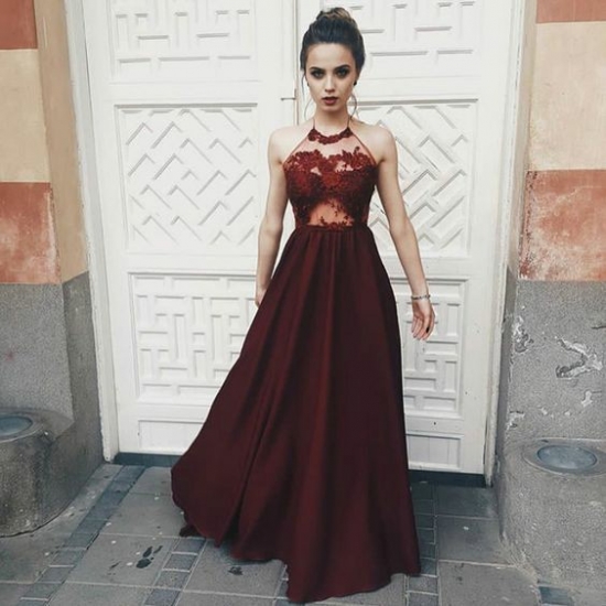 A-Line Halter Backless Burgundy Satin Prom Dress with Appliques - Click Image to Close
