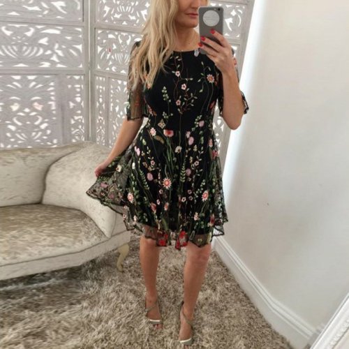 A-Line Bateau Half Sleeves Short Black Floral Lace Homecoming Dress