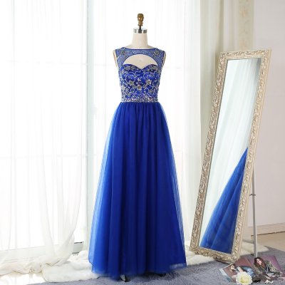 A-Line Bateau Keyhole Royal Blue Tulle Prom Dress with Beading
