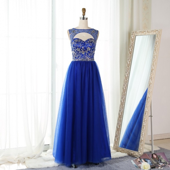A-Line Bateau Keyhole Royal Blue Tulle Prom Dress with Beading - Click Image to Close