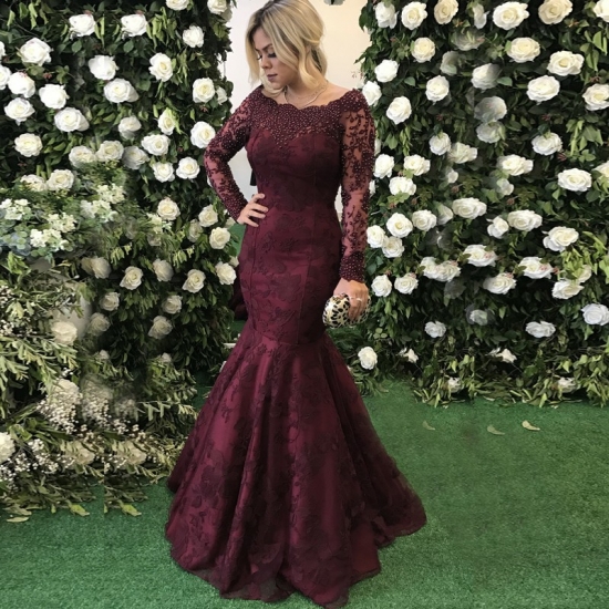 Mermaid Off-the-Shoulder Long Sleeves Burgundy Prom Dress with Lace Beading - Click Image to Close