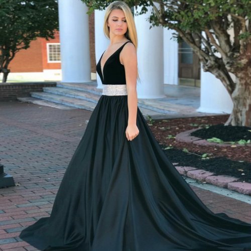 A-Line V-Neck Backless Court Train Black Satin Prom Dress with Sequins