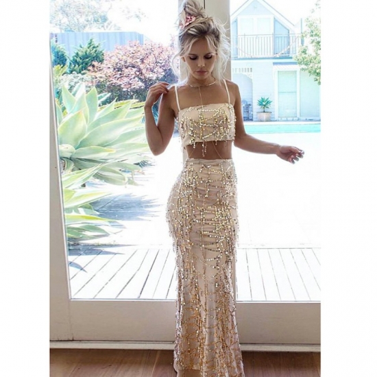 Two Piece Spaghetti Straps Floor-Length Champagne Lace Prom Dress - Click Image to Close