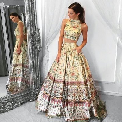 Two Piece High Neck Floor-Length Tribal Satin Prom Dress with Pockets