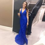 Mermaid Halter Sleeveless Backless Sweep Train Royal Blue Lace Prom Dress