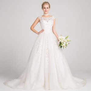 A-Line Bateau Cap Sleeves Court Train Wedding Dress with Appliques