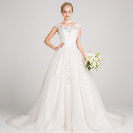 A-Line Bateau Cap Sleeves Court Train Wedding Dress with Appliques - Click Image to Close