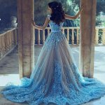 A-Line Straps Court Train Blue Tulle Prom Dress with Appliques
