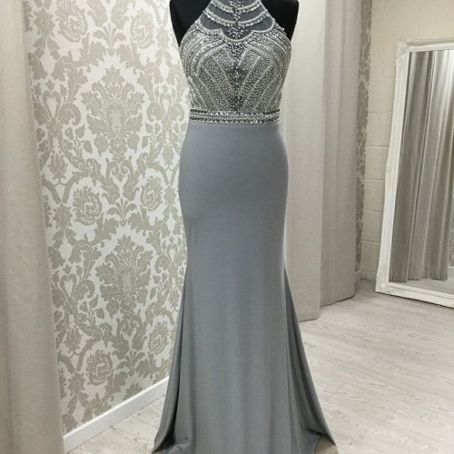 Mermaid Jewel Open Back Sweep Train Grey Prom Dress with Beading