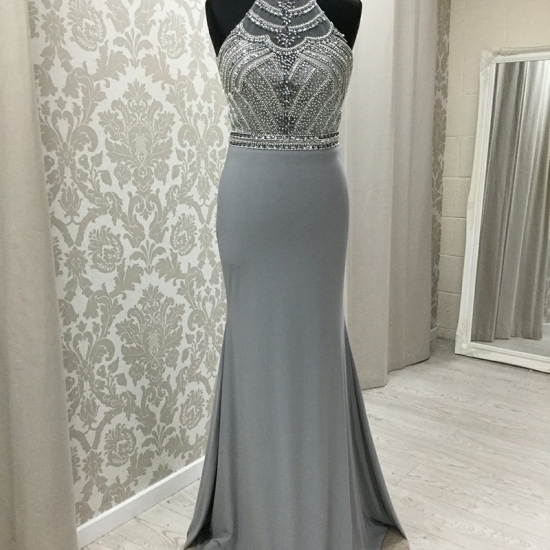 Mermaid Jewel Open Back Sweep Train Grey Prom Dress with Beading - Click Image to Close