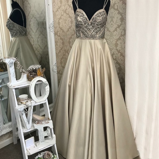 A-Line Spaghetti Straps Backless Champagne Prom Dress with Beading - Click Image to Close