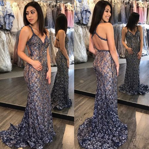 Mermaid Spaghetti Straps Sweep Train Navy Blue Lace Prom Dress