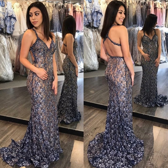 Mermaid Spaghetti Straps Sweep Train Navy Blue Lace Prom Dress - Click Image to Close