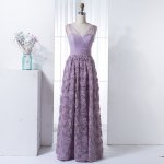 A-Line V-Neck Floor-Length Lilac Lace Bridesmaid Dress