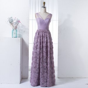 A-Line V-Neck Floor-Length Lilac Lace Bridesmaid Dress