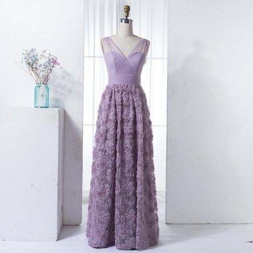 A-Line V-Neck Floor-Length Lilac Lace Bridesmaid Dress