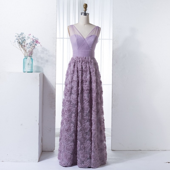 A-Line V-Neck Floor-Length Lilac Lace Bridesmaid Dress - Click Image to Close