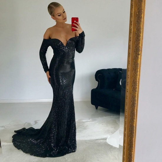 Mermaid Off-the-Shoulder Long Sleeves Black Sequined Prom Dress - Click Image to Close
