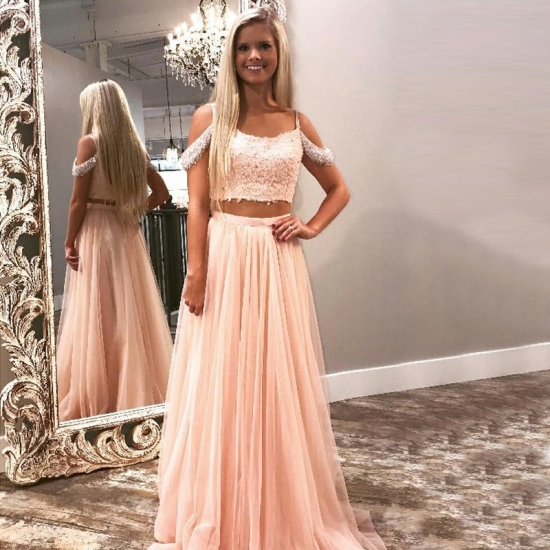 Two Piece Spaghetti Straps Pink Long Prom Dress with Beading Apliques - Click Image to Close