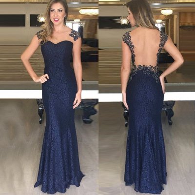 Mermaid Bateau Cap Sleeves Navy Blue Lace Prom Dress with Appliques