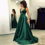 A-Line V-Neck Sweep Train Hunter Satin Prom Dress with Sash Pockets