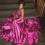 A-Line Deep V-Neck Backless Sweep Train Fuchsia Satin Prom Dress