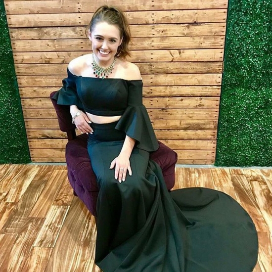 Two Piece Off-the-Shoulder Flare Sleeves Sweep Train Dark Green Prom Dress - Click Image to Close