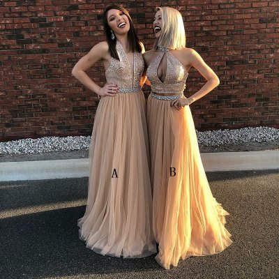 A-Line V-Neck Floor-Length Champagne Tulle Prom Dress with Sequins