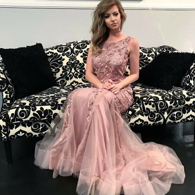 Mermaid Bateau Backless Sweep Train Peach Prom Dress with Beading