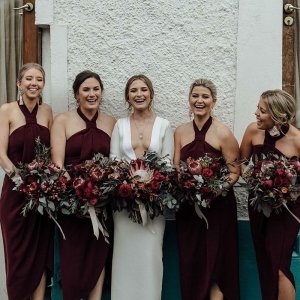 Sheath Halter Backless Wine Bridesmaid Dress with Ruched