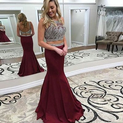 Two Piece Round Neck Backless Burgundy Prom Dress with Beading