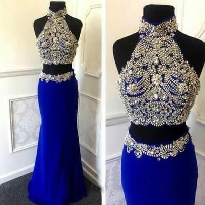 Two Piece Sheath High Neck Royal Blue Prom Dress with Beading Open Back