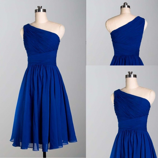 Modern A-Line One Shoulder Knee Length Chiffon Royal Blue Bridesmaid Dress With Pleats - Click Image to Close