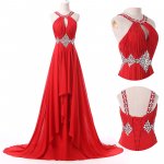 Elegant A-Line Halter Long Chiffon Red Sleeveless Prom Dress With Beading