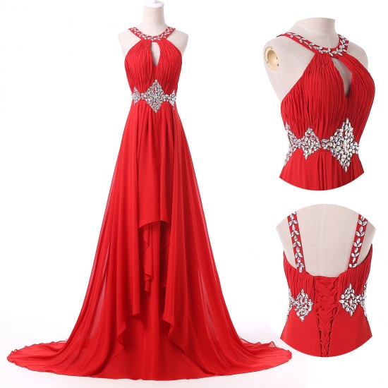 Elegant A-Line Halter Long Chiffon Red Sleeveless Prom Dress With Beading - Click Image to Close