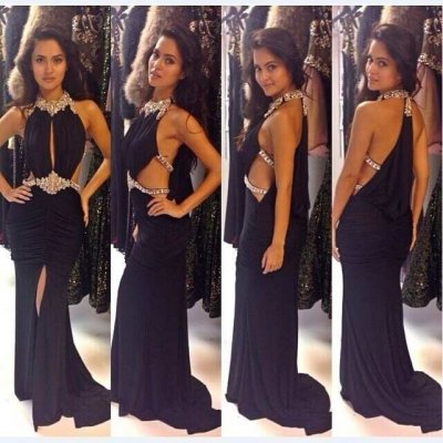 Sexy Mermaid Jewel Split Chiffon Black Prom Gown Waist with Rhinestone