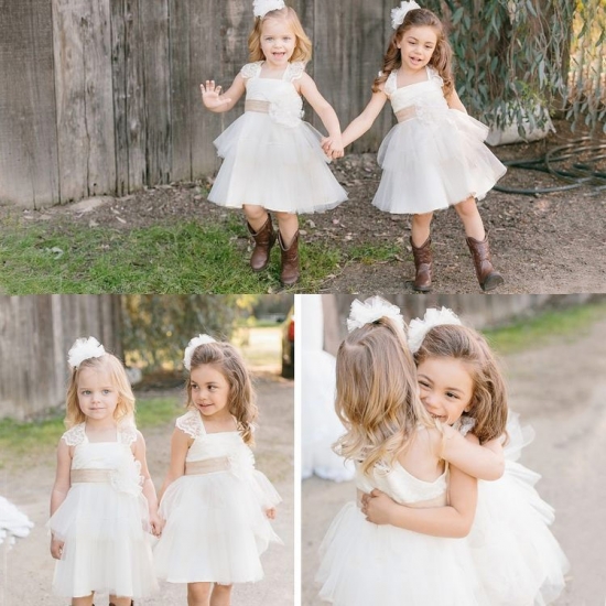 Lovely White Knee Length Princess Empire Straps organza Flower Girl Dress - Click Image to Close
