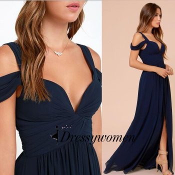 Long Chiffon Split Side Prom Dress - Navy A-Line Straps