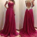 Elegant Prom/Evening Dress - Burgundy A-Line Straps with Beading