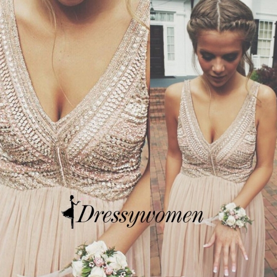 Elegant Customize Long Prom Party Dress - V-Neck A-Line with Sequins - Click Image to Close