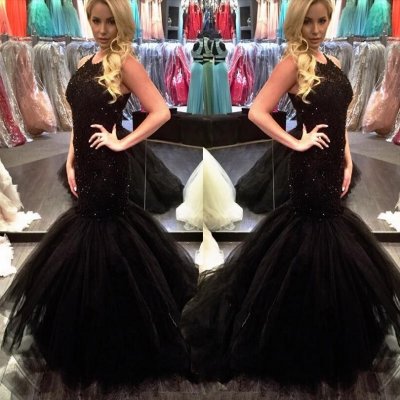 Sexy Long Mermaid Prom Dress - Black O-Neck Appliques with Beaded