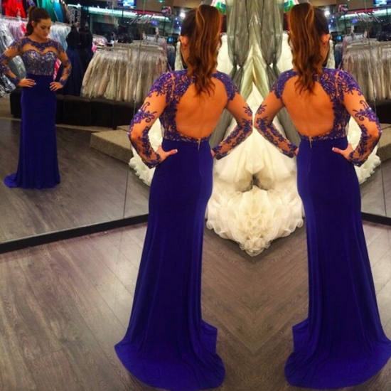 Elegant Long Prom Dress - Royal Blue Backless Appliques with Long Sleeve - Click Image to Close