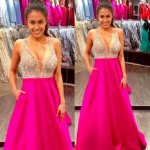 Gorgeous Prom Dress -Rose Red A-Line V-Neck Sleeveless with Beading