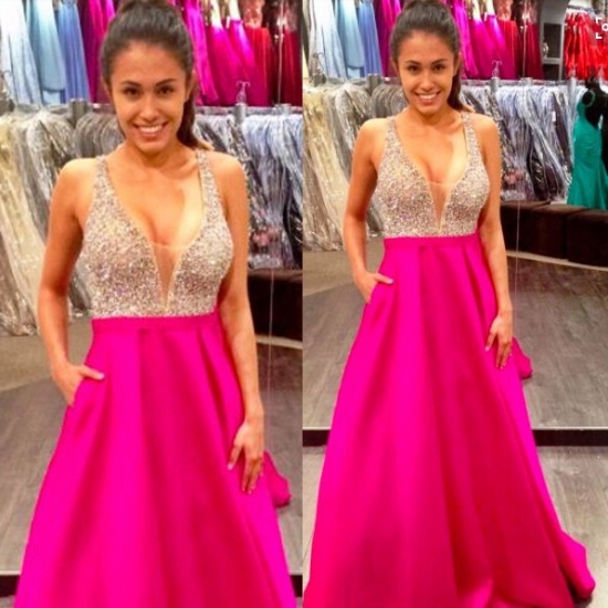Gorgeous Prom Dress -Rose Red A-Line V-Neck Sleeveless with Beading - Click Image to Close