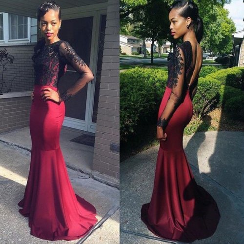 Elegant Long Backless Prom Dress - Burgundy Mermaid Top with Black Lace