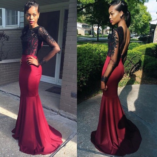 Elegant Long Backless Prom Dress - Burgundy Mermaid Top with Black Lace - Click Image to Close