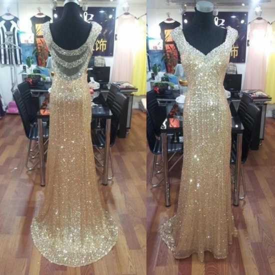 Glamour Long Prom Dress - Straps A-Line Sequins with Beaded - Click Image to Close
