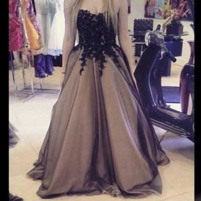 Charming Long Prom Dress - Black Champagne Sweetheart with Appliques